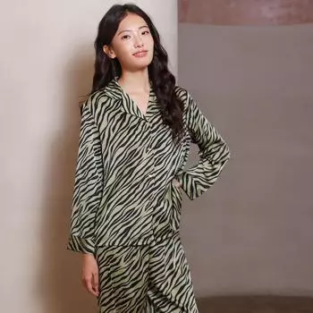 Пижамный комплект с рисунком зеленой зебры, весна-осень, новая одежда для сна, шелковистые атласные брюки с длинным рукавом, комплект из 2 предметов, повседневная домашняя одежда M зелёный