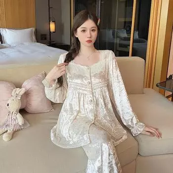 Пижамный комплект с рукавами-колокольчиками для женщин, цветная пижама в горошек, удобная и универсальная одежда для общежития в корейском стиле на весну и осень M