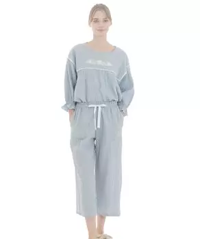 Пижамный комплект с вуалью и сборками, в клетку, синий [Narue], женский, ML синий