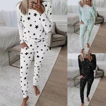 Пижамный комплект со звездным принтом, круглый вырез, эластичная талия, женская ночная рубашка для сна M светло-зеленый