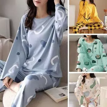 Пижамный комплект, свободный крой, расслабляющий, быстросохнущий пуловер с принтом для девочек, блузка, длинные штаны, комплект домашней одежды L светло-зеленый