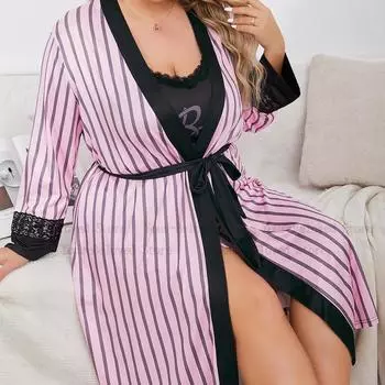 Пижамный комплект в розовую полоску, женская свободная пижама, осень и зима, новый стиль, 3 предмета, пижама, женская пижама большого размера, сексуальное нижнее белье XL розовый
