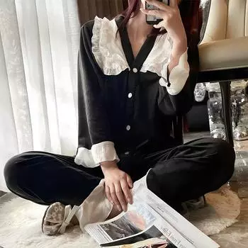 Пижамный комплект в стиле «милый дворец», флисовый женский пижамный комплект из свободного бархата, домашняя одежда с кукольным воротником, ночная рубашка M белый