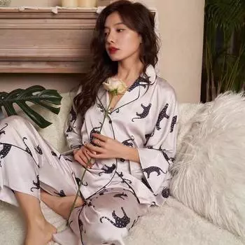 Пижамный комплект весна-лето домашний костюм с брюками женский принт пижамный костюм M