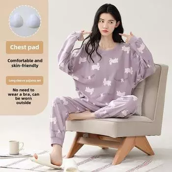 Пижамный комплект весна-осень с нагрудником для женщин больших размеров 4XL 5XL с рисунком, с длинными рукавами, топы и брюки, женская пижама, повседневная домашняя одежда M