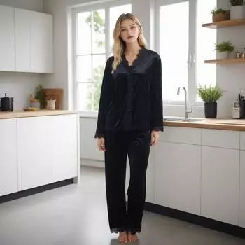 Пижамный комплект весна-осень женская одежда для сна золотой бархат верхняя одежда комплект из 2 предметов кружевная домашняя одежда комплект одежды для сна S чёрный