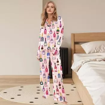 Пижамный комплект Yousheng для женщин с изображением бутылки шампанского, рубашка с длинным рукавом и штаны, комплект одежды для сна, повседневный комплект из 2 предметов для дома с принтом бокалов для вина S белый