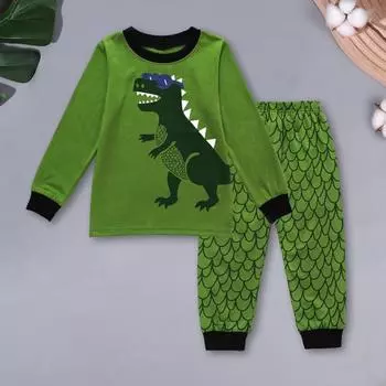 Пижамный комплект Yousheng Kids Dinosaur, комплект из 2 предметов, пижамные наряды для детей, одежда для сна с мультяшным принтом, приятная для кожи одежда для отдыха, домашняя одежда, костюмы 4 Years зелёный