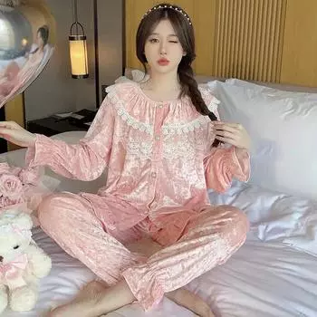 Пижамный комплект женский бархатный с длинным рукавом кружевной милый принцесса дворцовый стиль пижамы домашняя одежда свободная повседневная ночная рубашка велюровая пижама M