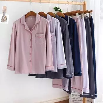 Пижамный костюм для женщин весна и осень трикотажный хлопок с длинным рукавом домашняя одежда тонкая женская пижама комплект XL чёрный