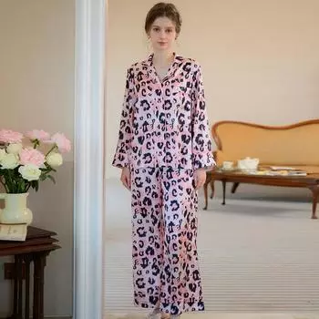 Пижамный костюм Ice Silk женский весенний тонкий свободный высококачественный принтованный брючный костюм с длинными рукавами верхняя домашняя одежда S