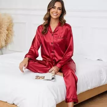 Пижамный костюм из 2 предметов, атласный однобортный кардиган, рубашка с V-образным вырезом, воротником-стойкой, однотонная рубашка с нагрудным карманом, широкие свободные брюки, костюм L