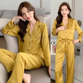 Пижамный костюм из ледяного шелка, однотонные брюки с длинными рукавами, комплект из 2 предметов, одежда для сна, сексуальная свободная повседневная домашняя одежда для отдыха M