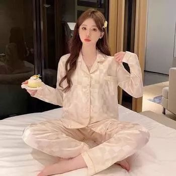 Пижамный костюм из ледяного шелка, женская одежда для сна с длинными рукавами, тонкая, свободная, повседневная, модная верхняя одежда, комплект домашней одежды M