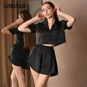 Пижамный костюм из ледяного шелка, женский костюм с отворотами, шорты, которые можно носить на улице, разрез для отдыха, домашняя одежда S чёрный