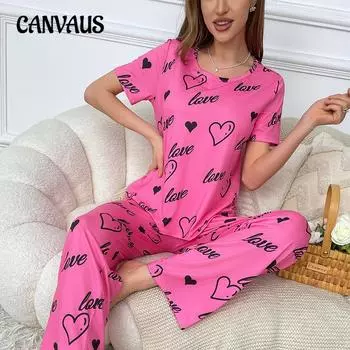 Пижамный костюм из молочного шелка Love Full Print с короткими рукавами и длинными брюками, комплект женской домашней одежды S фиолетовый