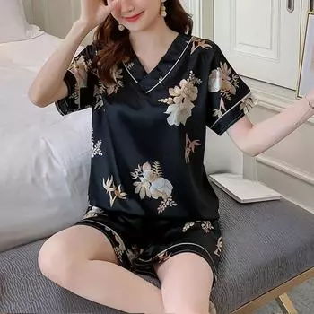 Пижамный костюм из женская пижама Ice Silk с V-образным вырезом и короткими рукавами, шорты для студентов, домашняя одежда для улицы, свободная, милая, с цветочным принтом M красный