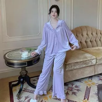 Пижамный костюм, новые зимние брюки с длинными рукавами, бархатный костюм, ретро, милая свободная новая домашняя одежда S белый