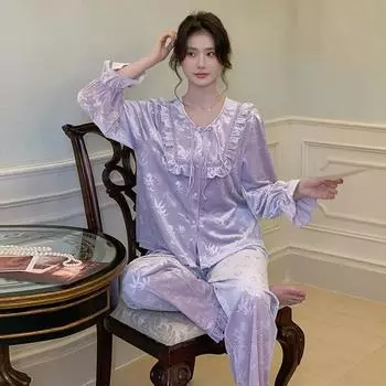 Пижамный костюм, новый зимний, брюки с длинными рукавами, бархатный костюм, ретро, милый, свободный, новая домашняя одежда, простая S