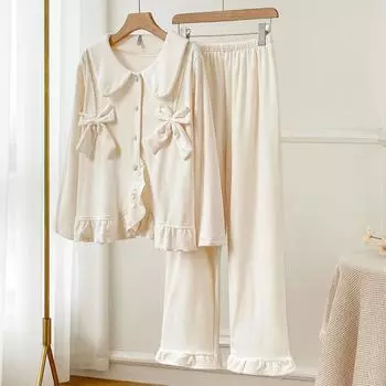 Пижамный костюм с бантом для девочек, свободная домашняя одежда, утолщенная ночная рубашка, осень-зима, новая двухсторонняя бархатная домашняя одежда M белый
