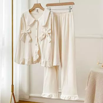 Пижамный костюм с милым бантом для девочек, осень-зима, новая двухсторонняя бархатная домашняя одежда, одежда для сна, свободная домашняя одежда, утолщенная ночная рубашка M