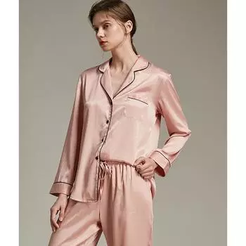 Пижамный костюм с отворотом, пижамы с длинными рукавами, ночная рубашка, брюки, домашняя одежда из шелка с отворотом, 2 шт., свободная домашняя одежда S розовый