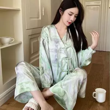 Пижамный костюм с V-образным вырезом, женский пижамный комплект, весна-осень, рубашка с длинным рукавом и брюки, повседневная домашняя одежда из шелковистого атласа M
