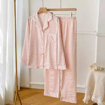 Пижамный костюм в полоску зебры, весенне-осенний комплект с длинным рукавом, брючные костюмы, атласная тонкая пижама, домашняя одежда, женское сексуальное нижнее белье M розовый