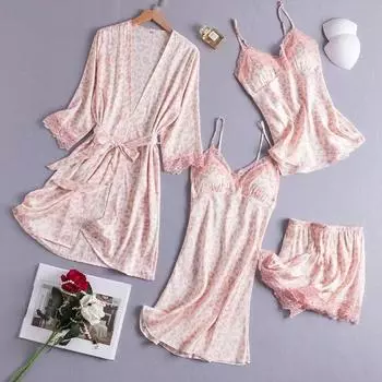 Пижамный женский комплект с леопардовым принтом, сексуальная ночная рубашка, пижама с кружевной отделкой, домашняя одежда, комплект из четырех предметов 2XL белый/чёрный