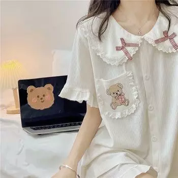 Пижамный женский летний комплект, милый обучающий плюшевый мишка с рюшами и краями, можно носить как верхнюю одежду для домашней одежды M белый