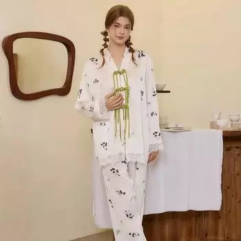Пижамы для сна Легкая роскошная пижама с принтом панды и пряжкой из ледяного шелка для женщин, элегантный дизайн, домашняя одежда с V-образным вырезом M