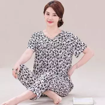 Пижамы для среднего и пожилого возраста, летние длинные брюки с короткими рукавами, комплект домашней одежды из хлопка и шелка, одежда большого размера из искусственного хлопка XL