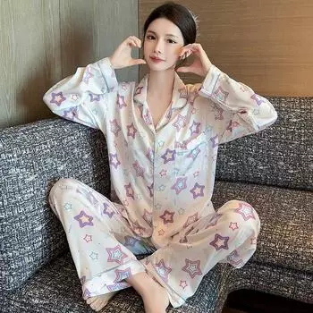 Пижамы для женщин 2025 весна женская пижама комплект шелковый Звездный принт длинный рукав пижамы для отдыха ночная одежда домашняя одежда M