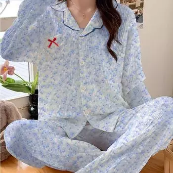Пижамы для женщин 2025 весна женский пижамный комплект цветочный принт длинный рукав пижамы для отдыха ночная одежда домашняя одежда M