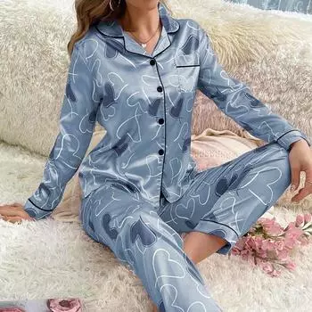 Пижамы для женщин атласные длинные рукава пижамы с отворотами пижамные штаны домашняя одежда ночная рубашка с принтом сердца женская XL синий
