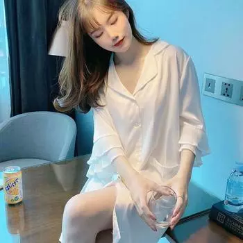 Пижамы для женщин, летние пижамы из ледяного шелка, сексуальные тонкие весенне-осенние рубашки с воротником, пижамы средней длины M