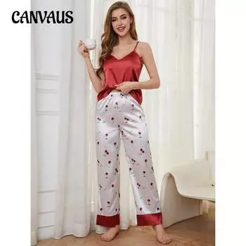 Пижамы для женщин, летние шелковые подтяжки, сексуальные брюки, комплект из двух предметов, женская домашняя одежда S красный