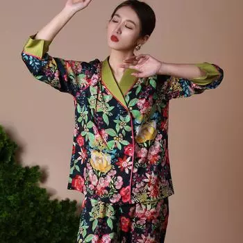 Пижамы для женщин, наряды с V-образным вырезом и цветочным принтом, одежда для сна из сатина, домашняя одежда, свободная ночная рубашка, костюм из 2 предметов, пижама M