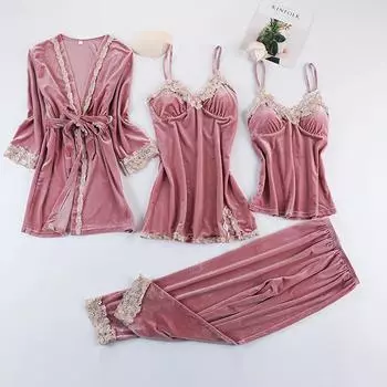 Пижамы для женщин осень-зима сексуальная золотая бархатная пижама комплект из четырех предметов с нагрудной рубашкой с длинными рукавами пижама верхняя одежда M