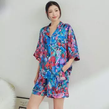 Пижамы для женщин с мультяшными принтами, тонкие костюмы из ледяного шелка, шорты с короткими рукавами, высококачественная домашняя одежда для верхней одежды M