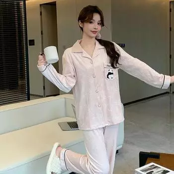 Пижамы для женщин, супермягкие, приятные для кожи брюки с длинными рукавами, кардиган с пандой, теплая зимняя домашняя одежда M бежевый