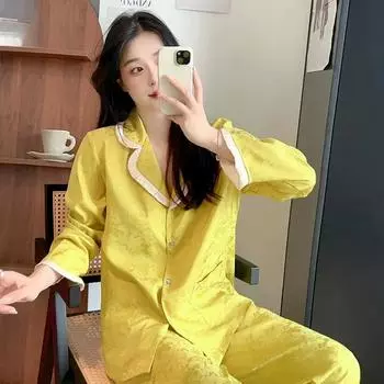 Пижамы для женщин весна и осень брюки с длинными рукавами шелковый кардиган 2 шт кружево новый отворот домашняя одежда M бежевый