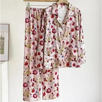 Пижамы из атласа с принтом, женский пижамный комплект из 2 предметов, брюки с длинными рукавами, свободный повседневный домашний комплект, пижамы, повседневная одежда M