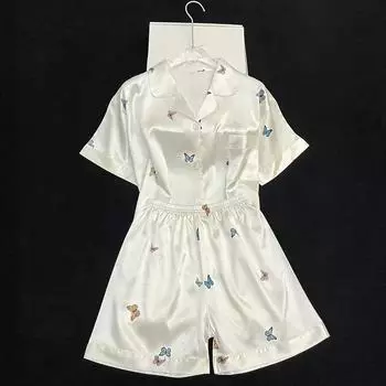 Пижамы из атласного шелка для женщин, новые весенние и летние шорты с короткими рукавами и принтом бабочек, домашняя одежда, пижамы для девочек M