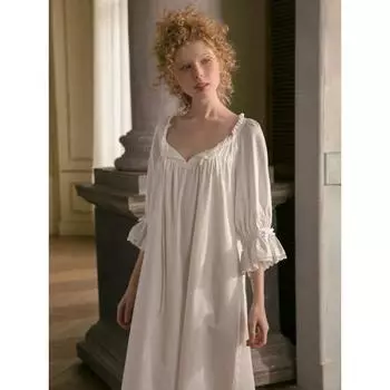 Пижамы из чистого хлопка для женщин, милые и симпатичные пижамы, белые пижамы, повседневные пижамы на весну и осень, оригинальная ночная рубашка S бежевый