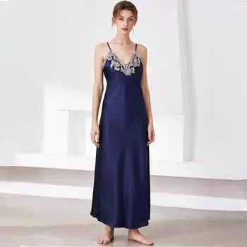 Пижамы из искусственного шелка, женские кружевные сексуальные пижамы с v-образным вырезом, длинные пижамы на подтяжках, домашняя одежда M красный