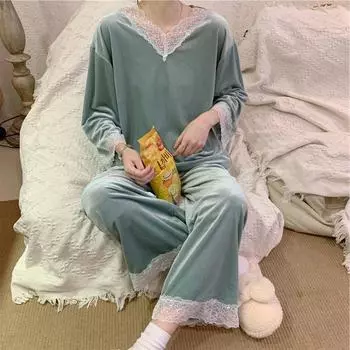 Пижамы из кружевного бархата, пижамный комплект, женская домашняя одежда, женская весна и осень, новые женские пижамные комплекты One Size