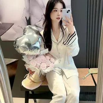 Пижамы из ледяного шелка для женщин, приятные для кожи, удобные, повседневные, интернет-знаменитости, жаккардовые шелковые домашние одежды для весны и осени M бежевый