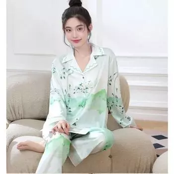 Пижамы из ледяного шелка, женские брюки с длинными рукавами, тонкий искусственный шелк, весенняя и осенняя домашняя одежда для уменьшения возраста M