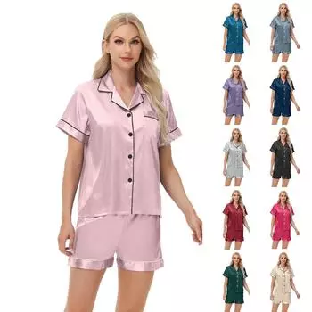 Пижамы из ледяного шелка женские с длинными и короткими рукавами атласные большие размеры пижамы домашняя одежда L чёрный